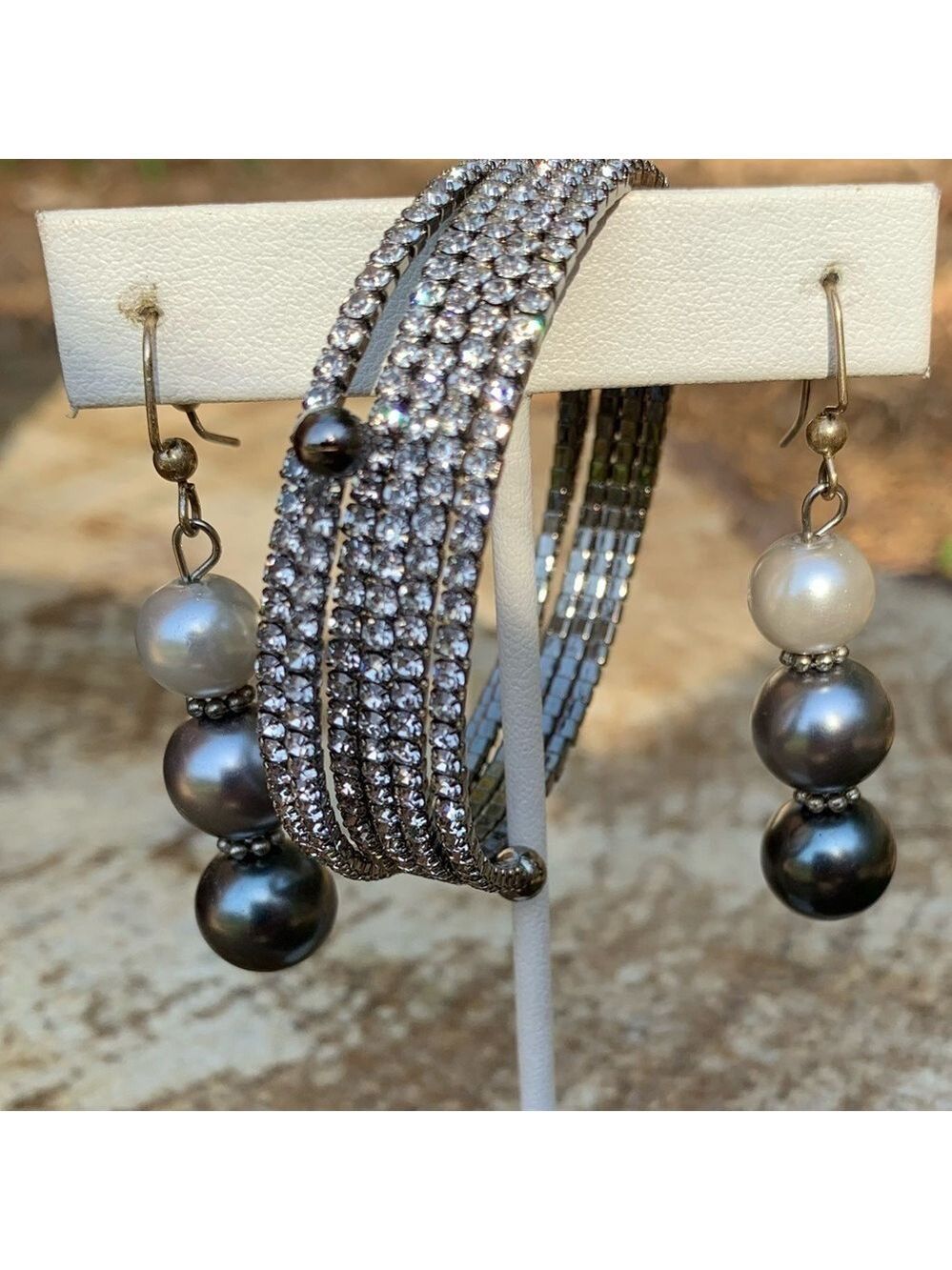 Handcrafted Pearl statement drop earrings and CZ wrap bracelet set prom formal